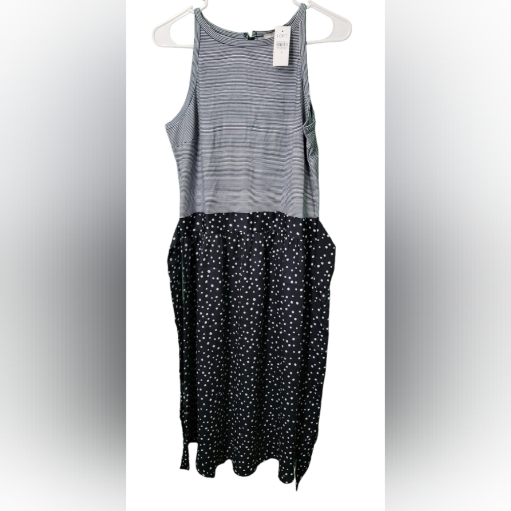 LOFT Woman's Dress Sleeveless Polka Dots Striped Blue White Size 8 NWT